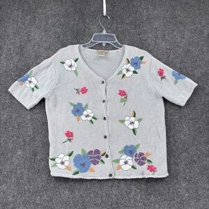 VINTAGE Teddi Light Blue Knit Cardigan Embroidered Flowers Short Sleeve Size S